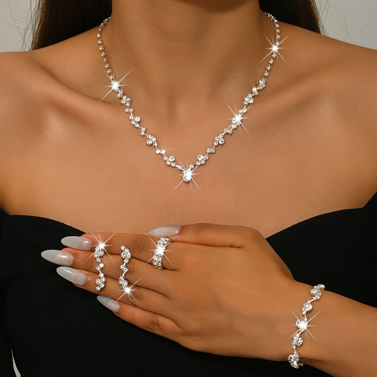 TEMU 4pcs Set: Luxurious And Fashionable Necklace + Earrings + Bracelet + Ring, Suitable For Prom And Party Accessories