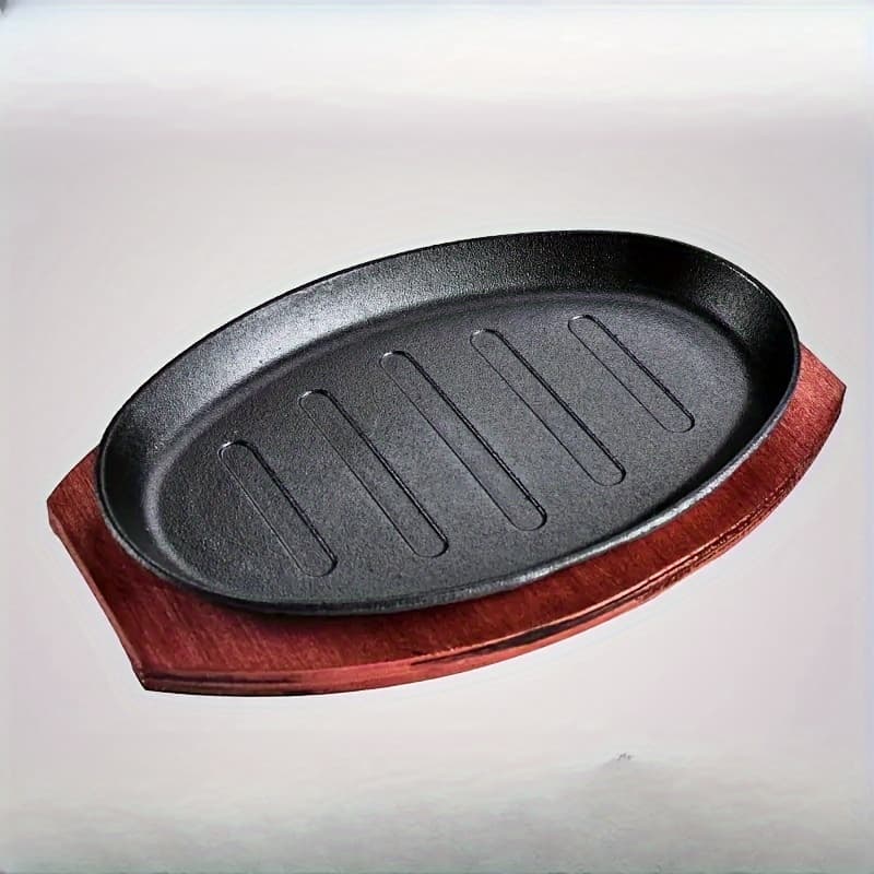 TEMU Bamboo Base With Cast Iron Steak Plate - Versatile Barbecue And Baking Pan For Electromagnetic Ovens And Stovetops.