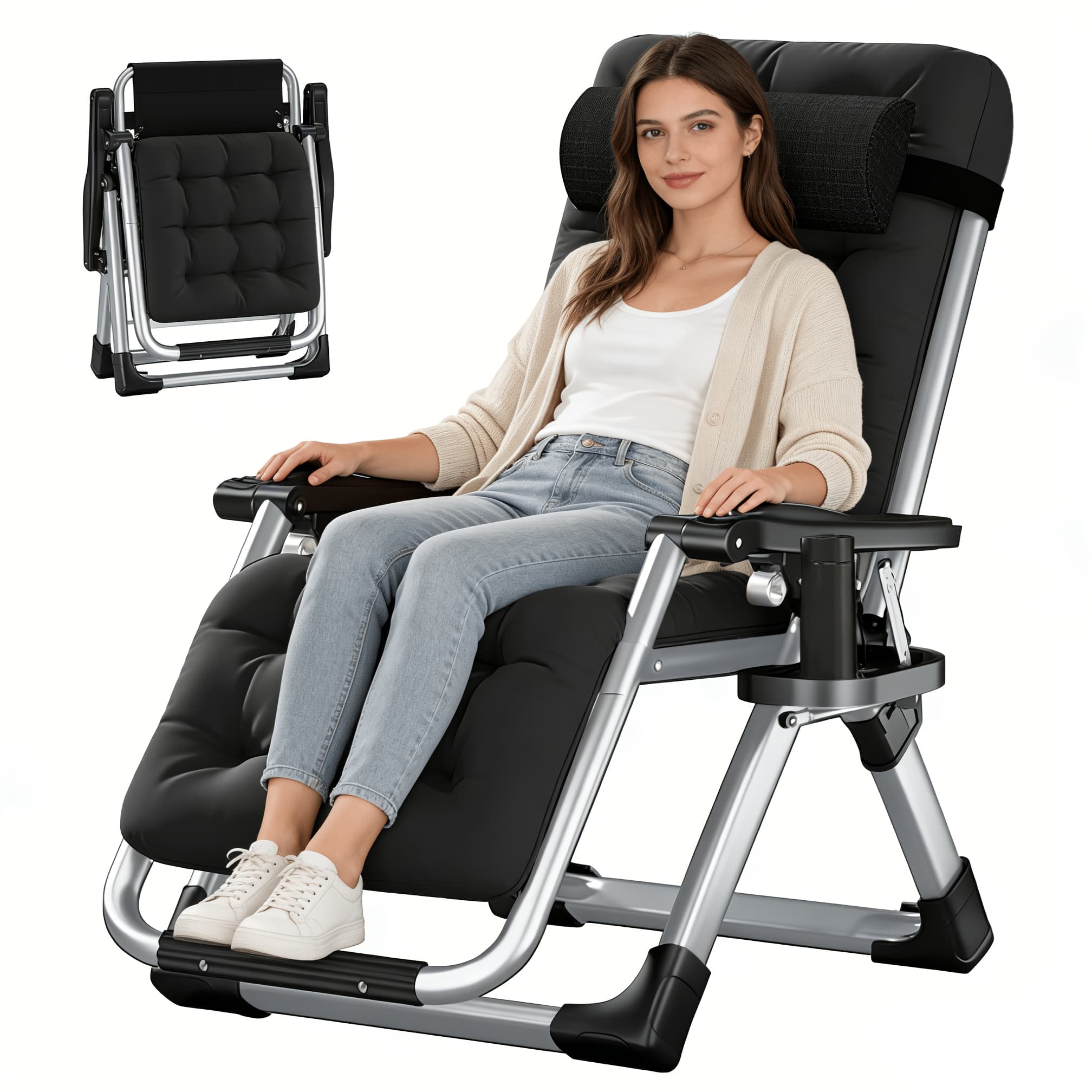 TEMU Portable Folding Chaise Lounge Chair, Outdoor Lawn Recliner With Removable Cushion, Headrest & Cup Holder, Heavy Duty Patio Reclining Chair Supports 440 Lbs