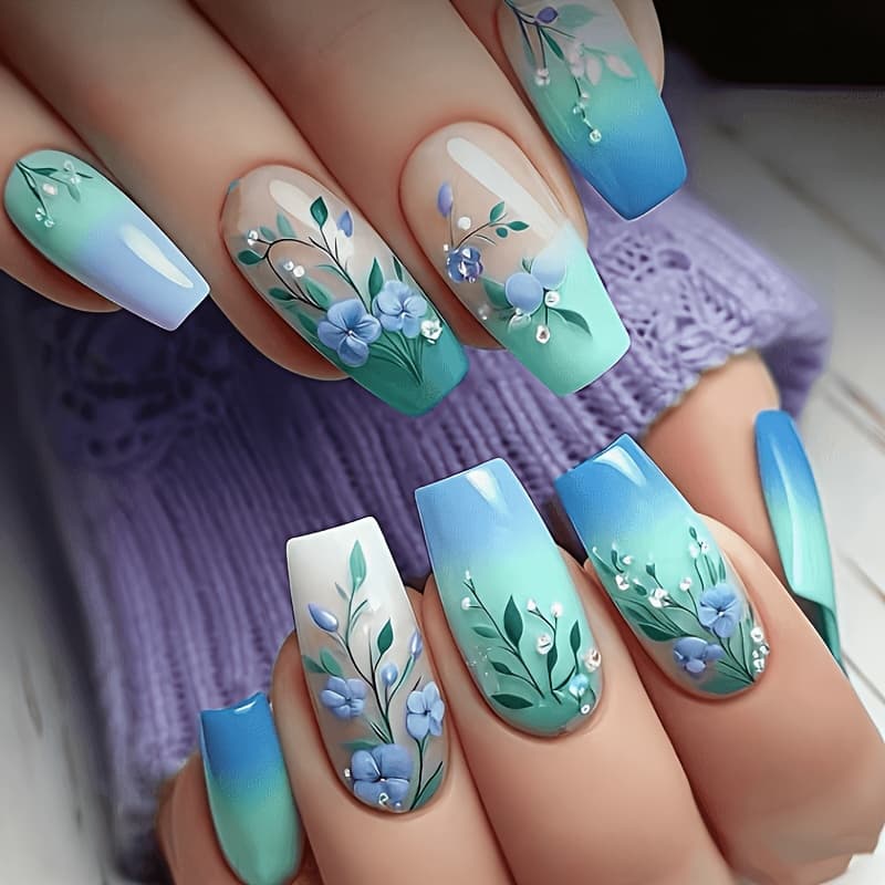 TEMU Hand-painted -on Nails Suitable For - Sheer Gradient With Floral, Medium Length Detachable Tips, Glossy For Spring Summer For