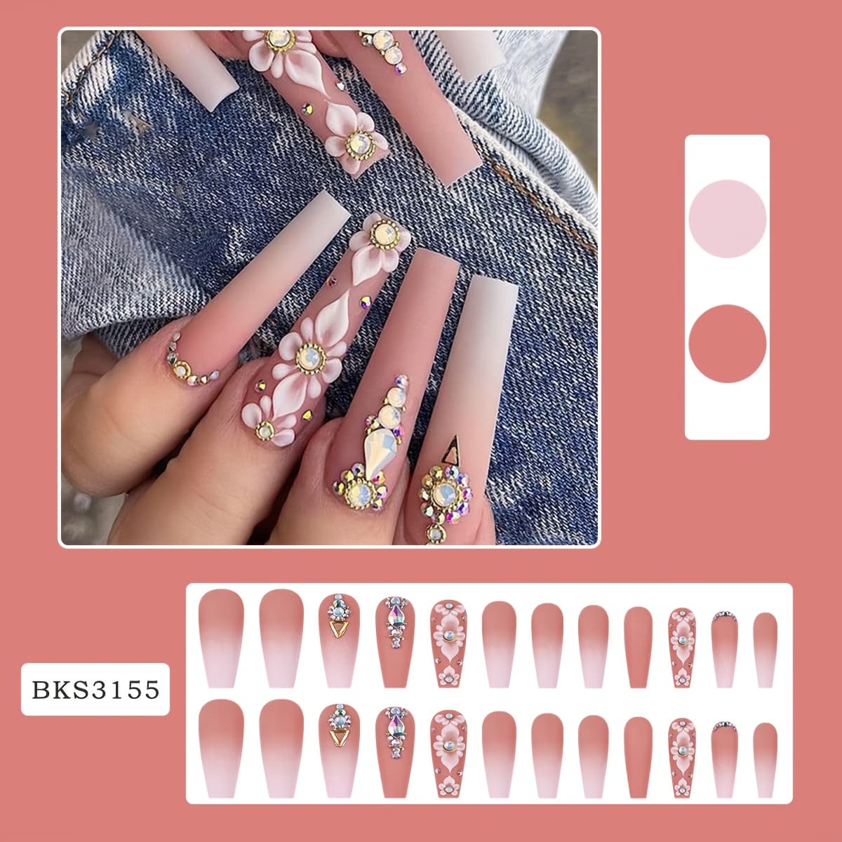 TEMU Set Of 24 Artificial Nails Featuring A 3d In A Nude Pink Matte End, With Rhinestones, Suitable For Women And