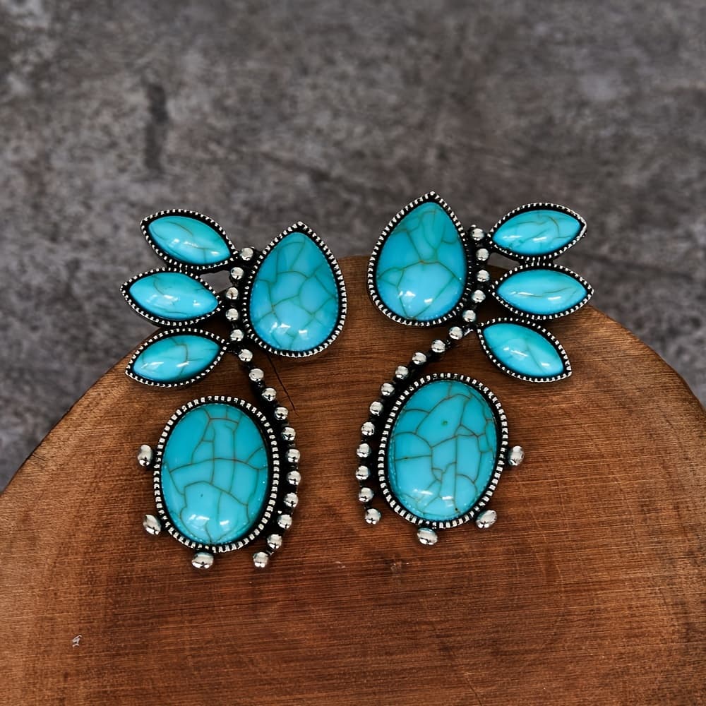 TEMU Bohemian Style Vintage Turquoise Geometric Floral Earrings, Western Women's Ear Jewelry Valentine's Day Additions