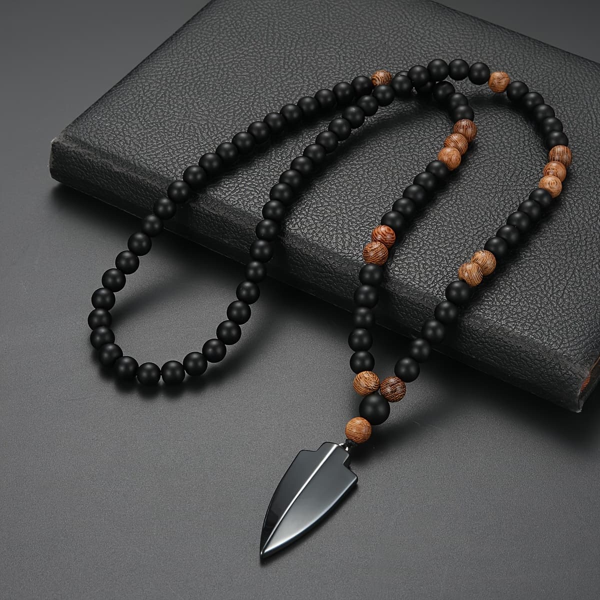 TEMU 8mm Matte Black Wood Round Bead Necklace With Pendant, Suitable For Men And Women
