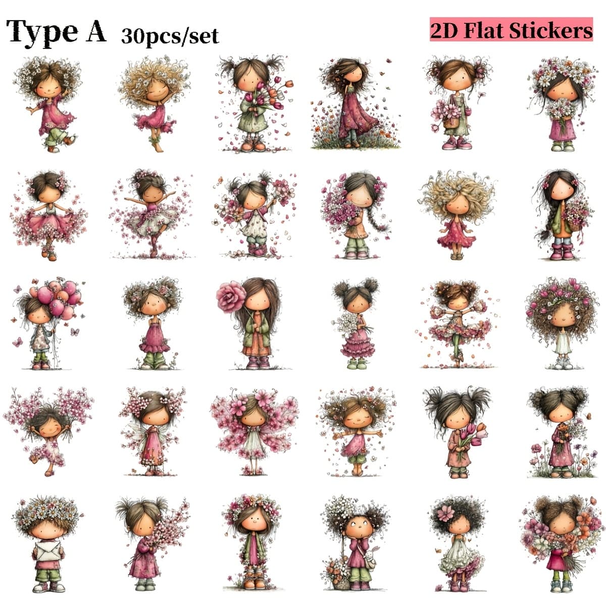 TEMU 2d Flat Stickers 30pcs/set Creative Handmade Spring Flowers Elf Little Girl High Quality Stickers Suitable For Garbage Diary Notebook Decoration Manual Account Diy Gift Decoration, 2d Flat