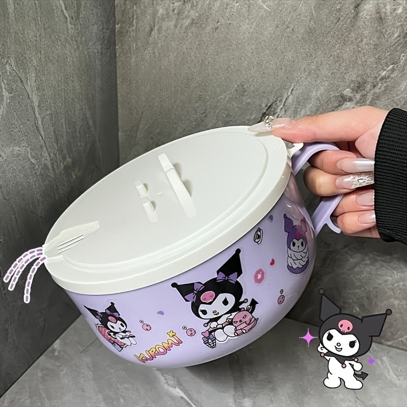 TEMU Kuromi 40.58oz Stainless Steel With Lid - Cartoon Diy Design, Large Capacity, Heat-resistant, Perfect For Dorm And Office Meals, Hand Wash Recommended, Office | Bowl | Heat-resistant Design
