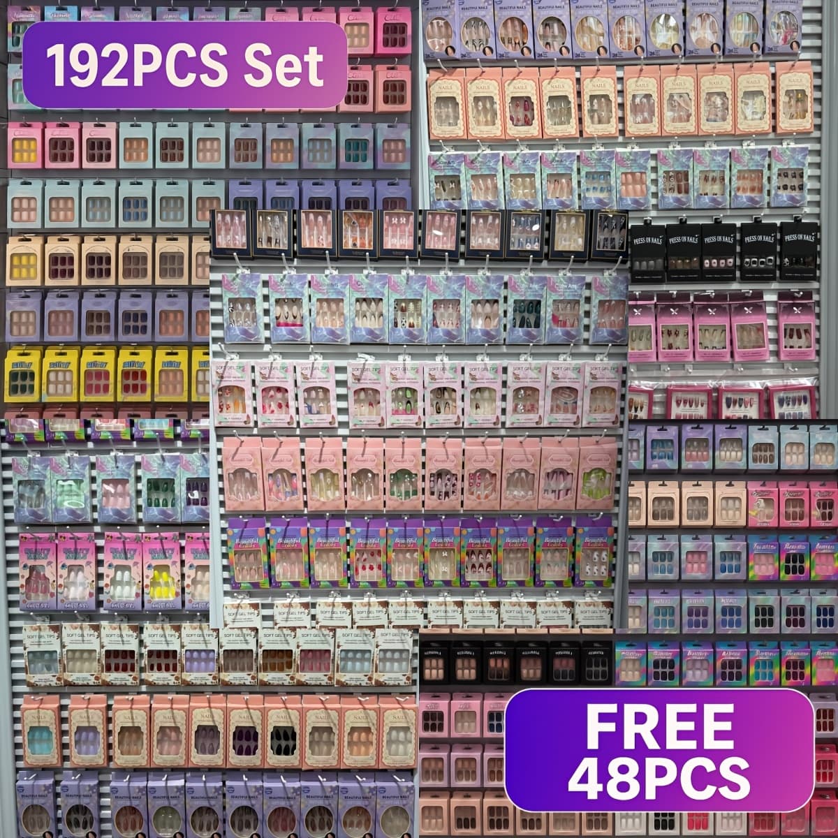 TEMU 192pcs 48pcs Random Press On Nails Stylish Almond Shape Mixed Color Glossy End Medium Length Ideal For Women And Nail Art Essentials Look Embellishments Fake Nails For Manicure