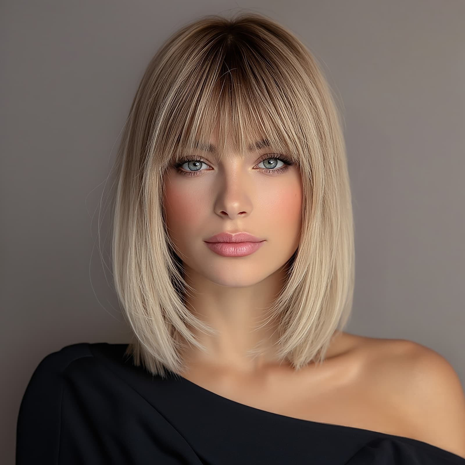 TEMU 12 Inch Straight Bangs Bob Hair, Brown Golden Gradient Bangs Daily Commuting, Dating, Straight Hair Wig, , Clean And Neat, Comfortable And Not Stuffy