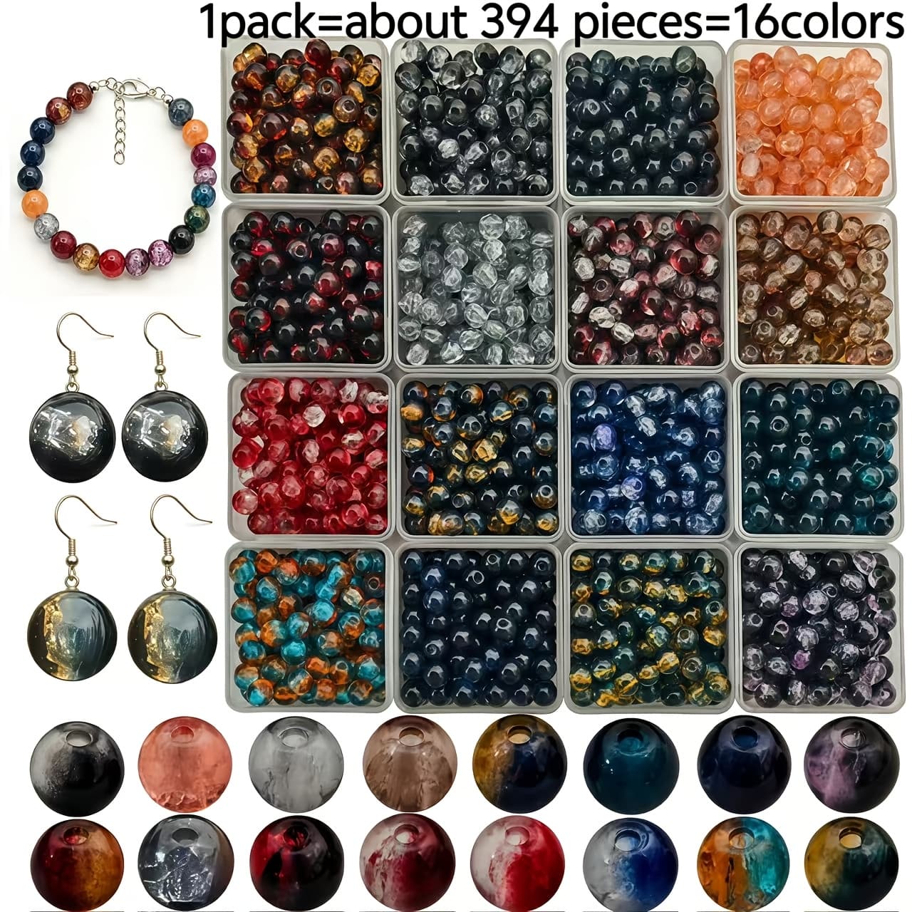 TEMU 394pcs 16 Colors, 6mm Bohemian Style Glass Beads - Crackle Beads - Suitable For Diy Decorative Bead Making, Supplies For Necklaces, Bracelets, Earrings, Shoe And Bag Charms