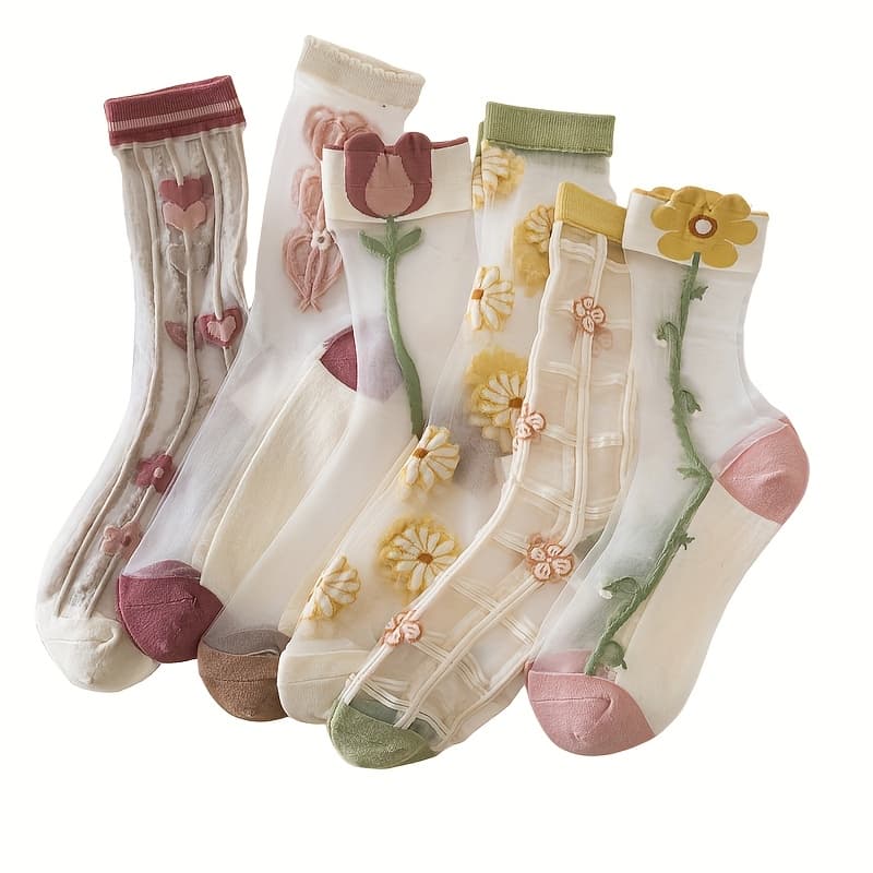 TEMU 5 Pairs Of Glass Fiber Crystal Socks, Plant Flower Ultra-thin Transparent Ice Cold Card Silky Mesh Breathable Mid Tube Stockings, Soft And Comfortable Stockings