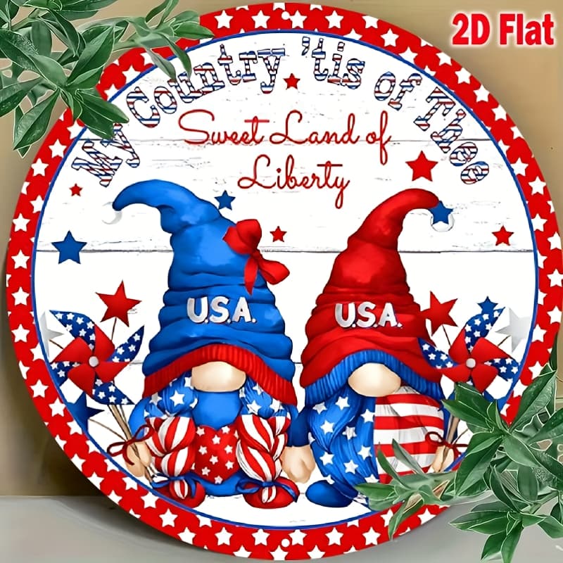 TEMU Patriotic Gnome Usa Wreath Sign - 8 Inch Metal Round Decorative Plaque With " 'tis Of Of " , Outdoor/indoor Decor For , Summer, Garden, Porch, Rustic Wood Design, Gnome Garden Decor