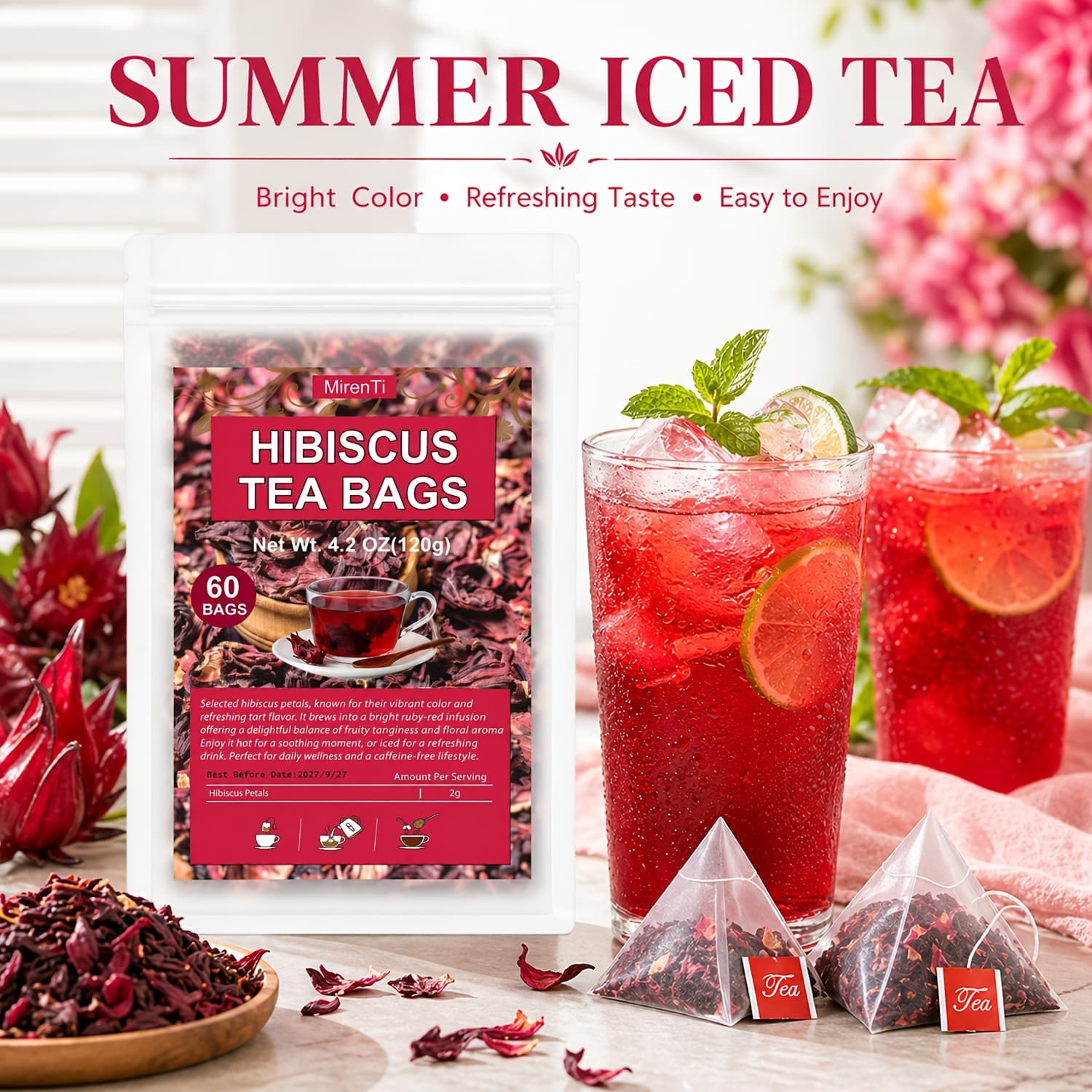 TEMU Mirenti Hibiscus Tea Bags 60/120 Count, Caffeine Free Herbal Tea, Vibrant Red Flavor, Easy Brew Daily Drink, Flor De Jamaica, Summer Refreshing Hot & Iced Drink