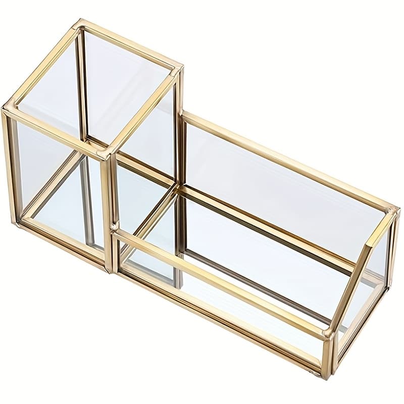 TEMU Glass Business Card Holder With Pen/pencil Clip, Golden Metal Desktop Business Card Display Organizer Box, Office Card Storage Box, 2 Slots