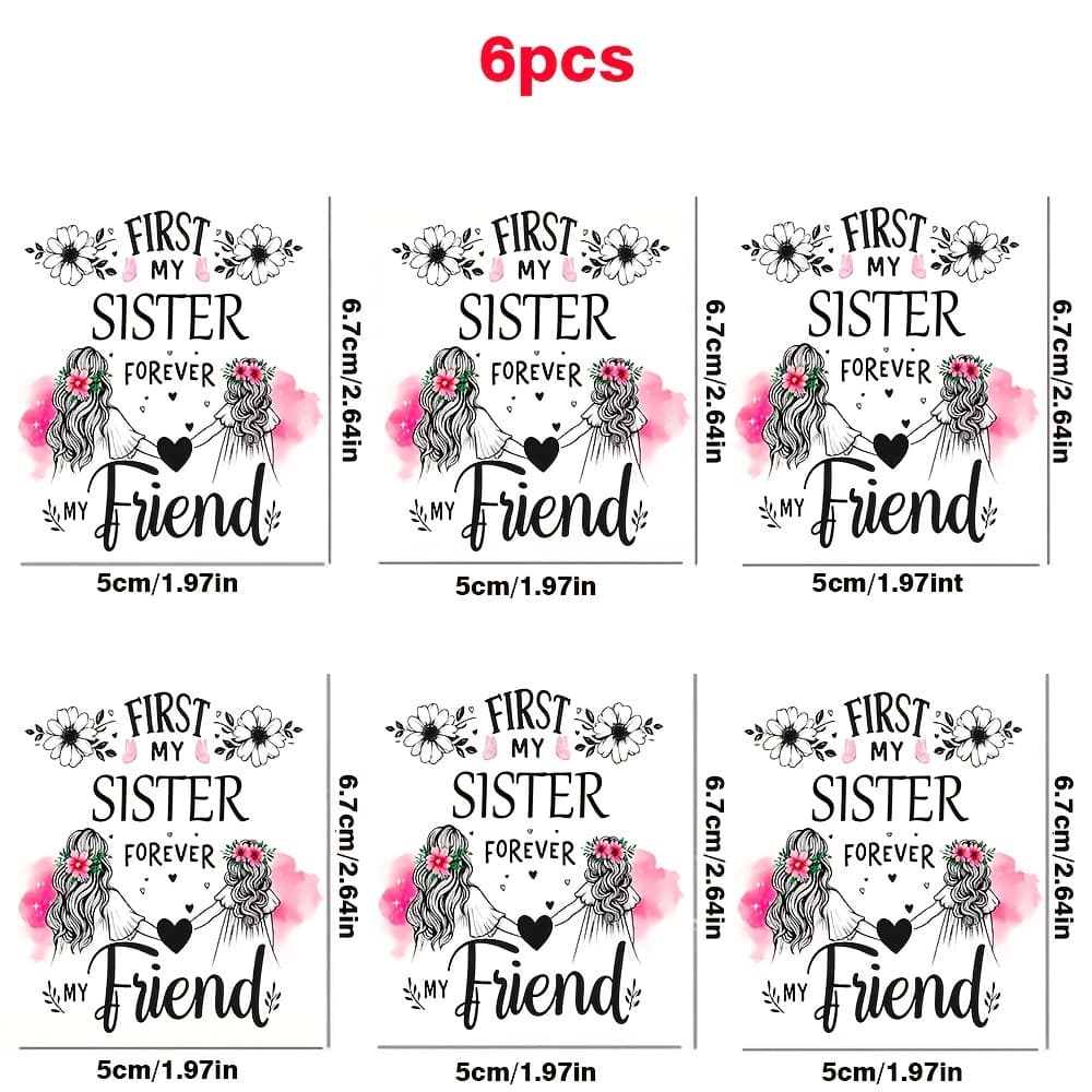 TEMU 6pcs Best Sister Forever Uv Dtf Transfer Mug Glass First Sisters - Waterproof, Self-adhesive Uv For Bottles & Ceramics, Beautiful Dtf Designs