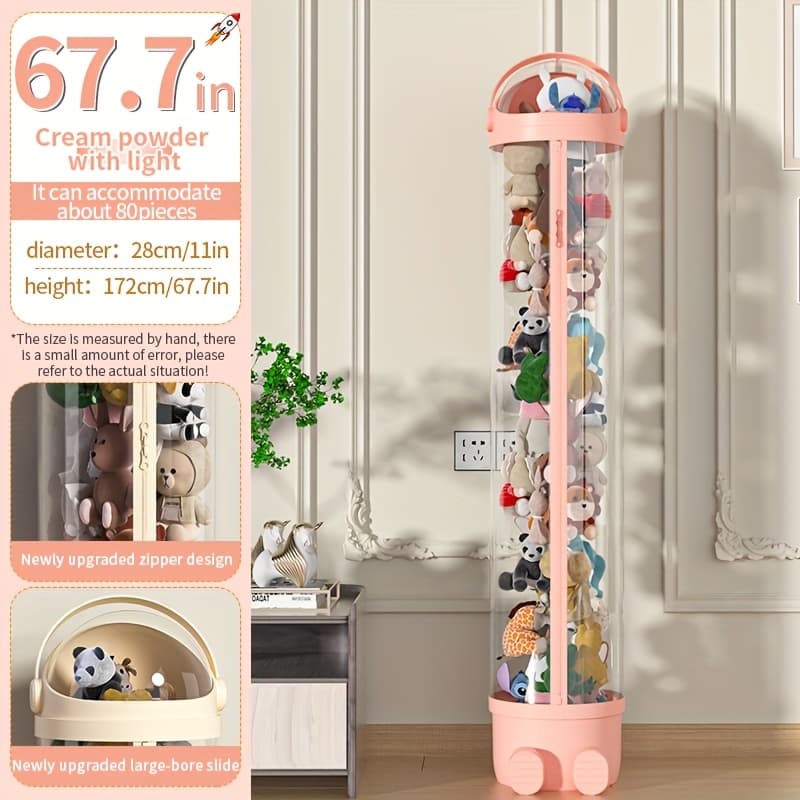 TEMU Transparent Cylindrical Doll Storage Bin With Zipper - Children's Plush And Dolls Storage Organizer For Home Use, Easy To Assemble, Suitable For Living Rooms, Bedrooms, Storage Rooms, Etc