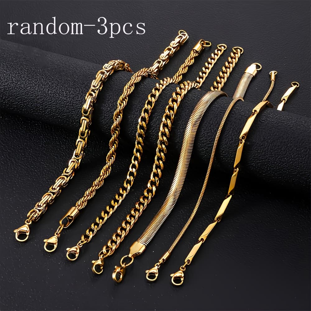 TEMU 3pcsrandom Stainless Steel Men's Bracelets - Cuban Chain Trendy Bracelet Set, Suitable For Dating Outfits
