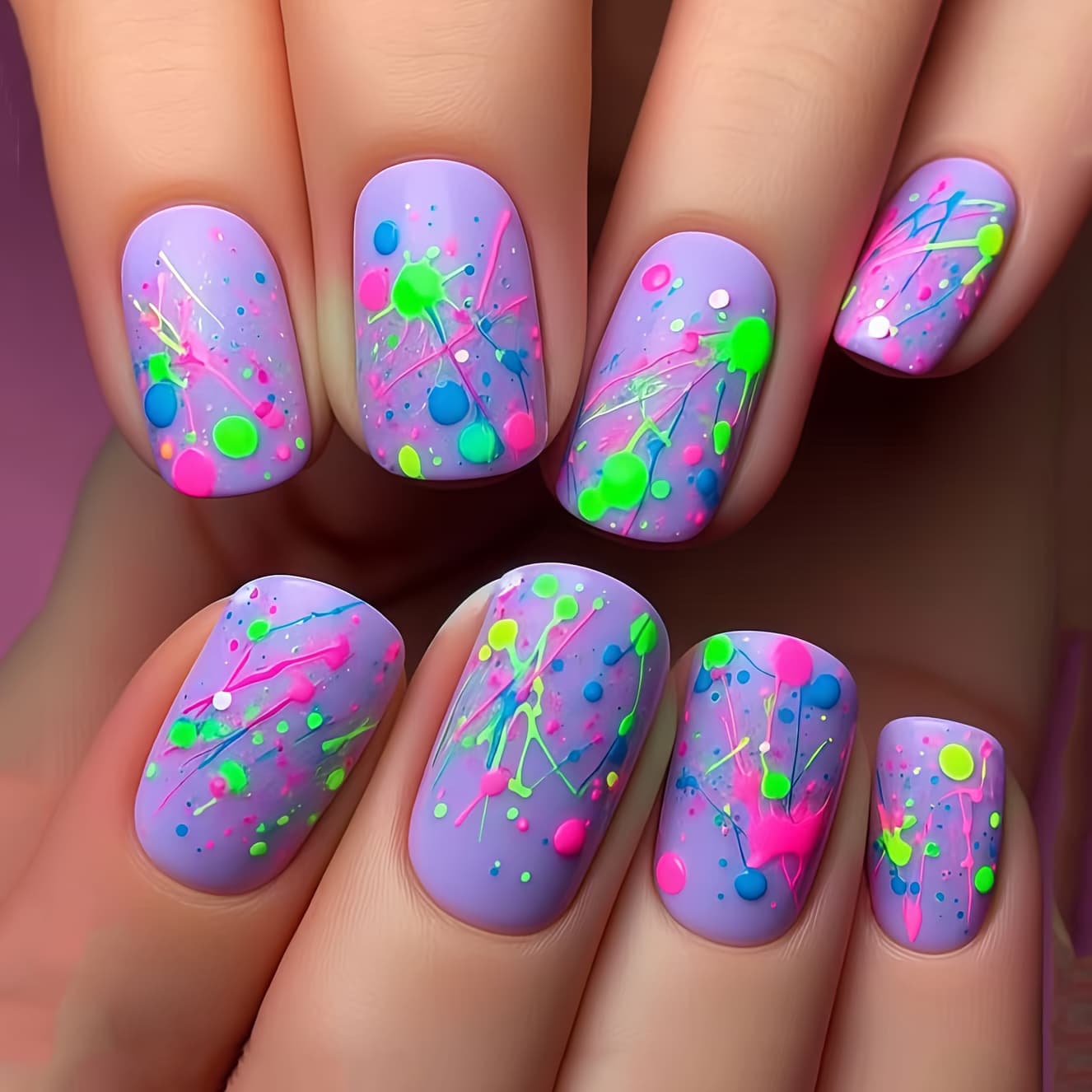 TEMU Set Of 24 Removable Press-on Fake Nails Featuring A Purple Background With An Artistic Splatter Design In Ink And Light Purple