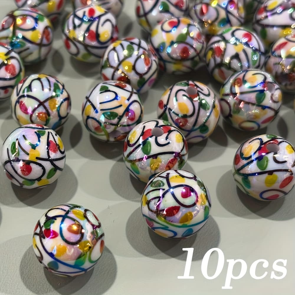 TEMU Christmas Series Acrylic Lantern Beads - 10pcs 16mm Printed Loose Bead & Bead Assortment For Jewelry Making, Ideal For Handcrafts & Diy Earring, Necklace, Bracelet And Christmas Gift