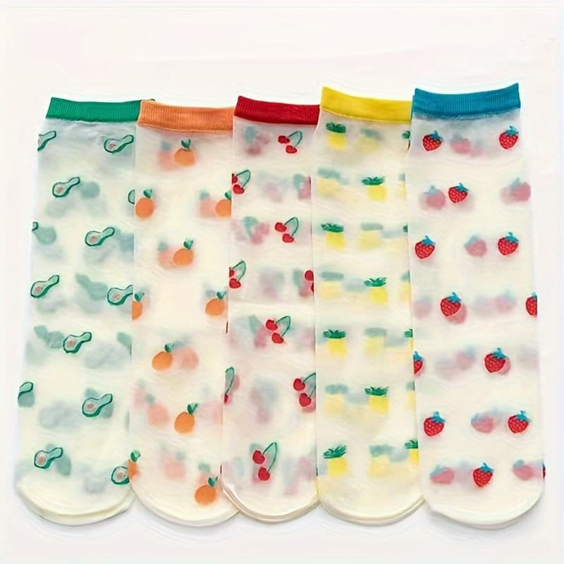 TEMU 5 Pairs Women's Mid-calf Socks Cherry Strawberry Avocado Cartoon Fashion Women's Socks Casual Socks Short Socks Versatile Suitable For Daily Use