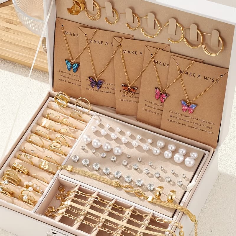 TEMU 114pcs Of Elegant And Simple, Set With Synthetic Zirconia, Geometric Twist, Earrings Earrings Ring Bracelet Necklace Jewelry Cardboard, Women' Match To In The Party Vacation Vacation Gifts