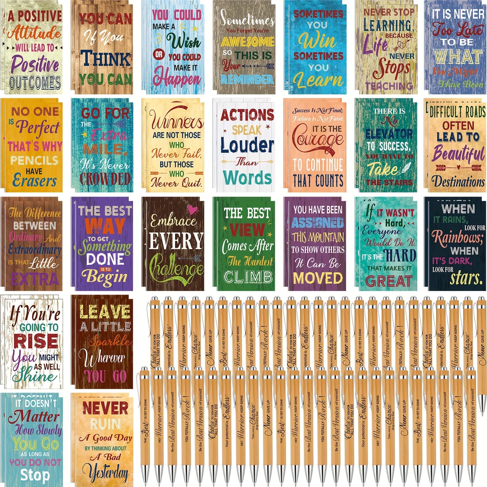 TEMU 100pcs Inspirational Mini Notepad & Pen Set - Vintage Style Motivational Pocket Journals With Encouraging Messages, Wooden Pens Included - Ideal For Students & Office Use