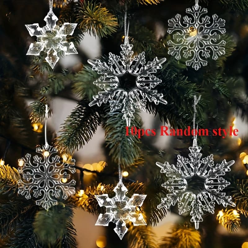 TEMU 2d Flat, 10pcs Acrylic Snowflake Pendants - Transparent Crystal Hanging Ornaments For Christmas And Weddings, Hanging Decorations (random Styles)