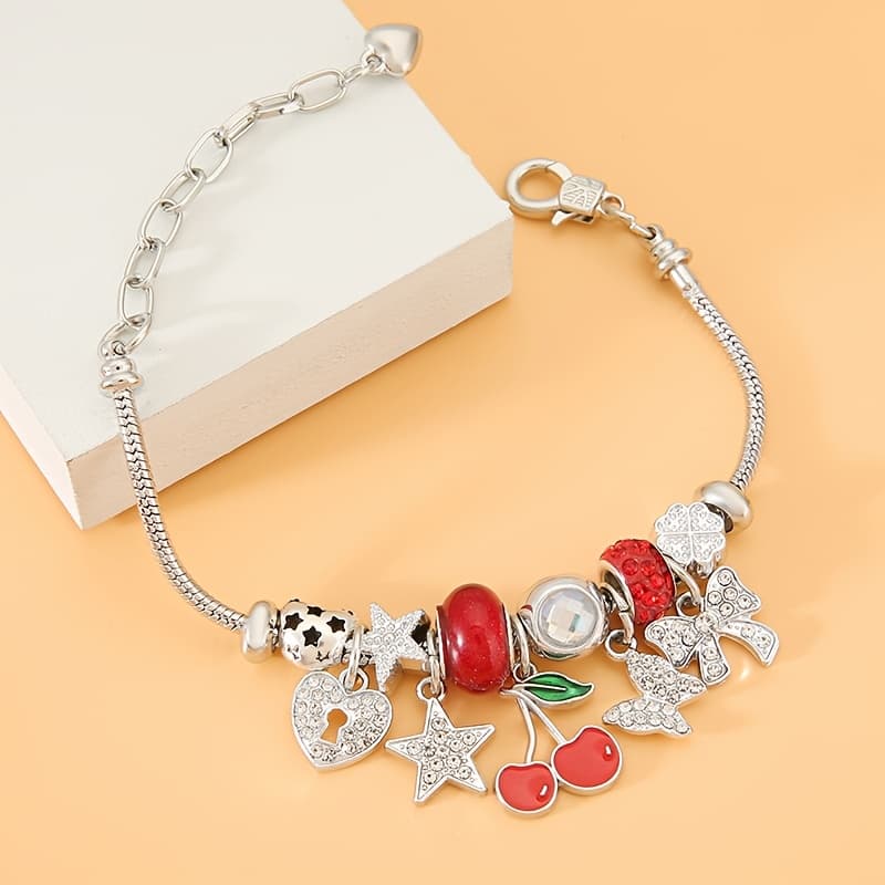 TEMU 1pc Of Minimalist Style Bracelet Stainless Steel Jewelry With Cherries, Butterflies, Stars, Hearts, And Bow Pendants, Suitable For Women - A Fashionable Diy Accessory For Daily Wear And Gift
