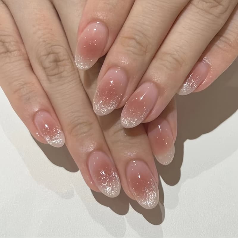 TEMU 10pcs Gradient Cat Eye Almond Short Press-on Nails - Nude Reusable Full Coverage Stick-on Nails, Elegant Fake Nails For Office/dates/parties
