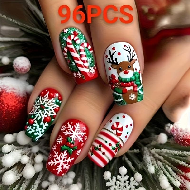 TEMU Set Of 96 Festive Nails Featuring Reindeer, Snowflakes, And Candy Designs, Designed To Be And