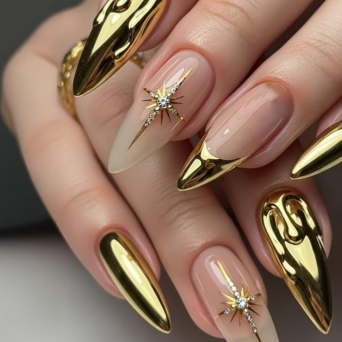 TEMU 24pcs Long Almond-shaped Fake Nails, Golden Diamond-wearing Nail Design, Bright-faced Detachable Fake Nails