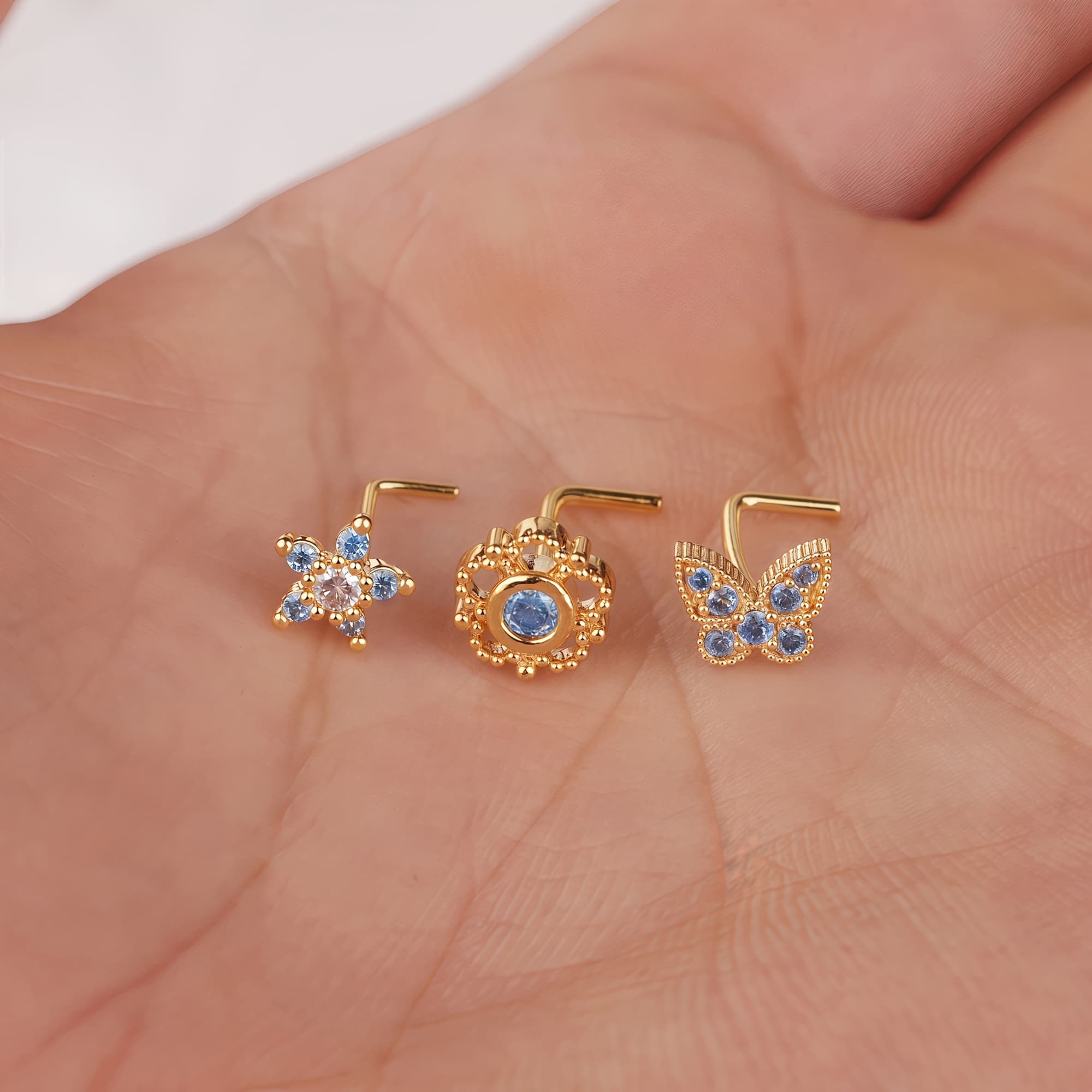 TEMU Set Of 3 L-shaped Nose Studs, Floral And Nose Rings For Women, Perfect As A Valentine's Day Gift