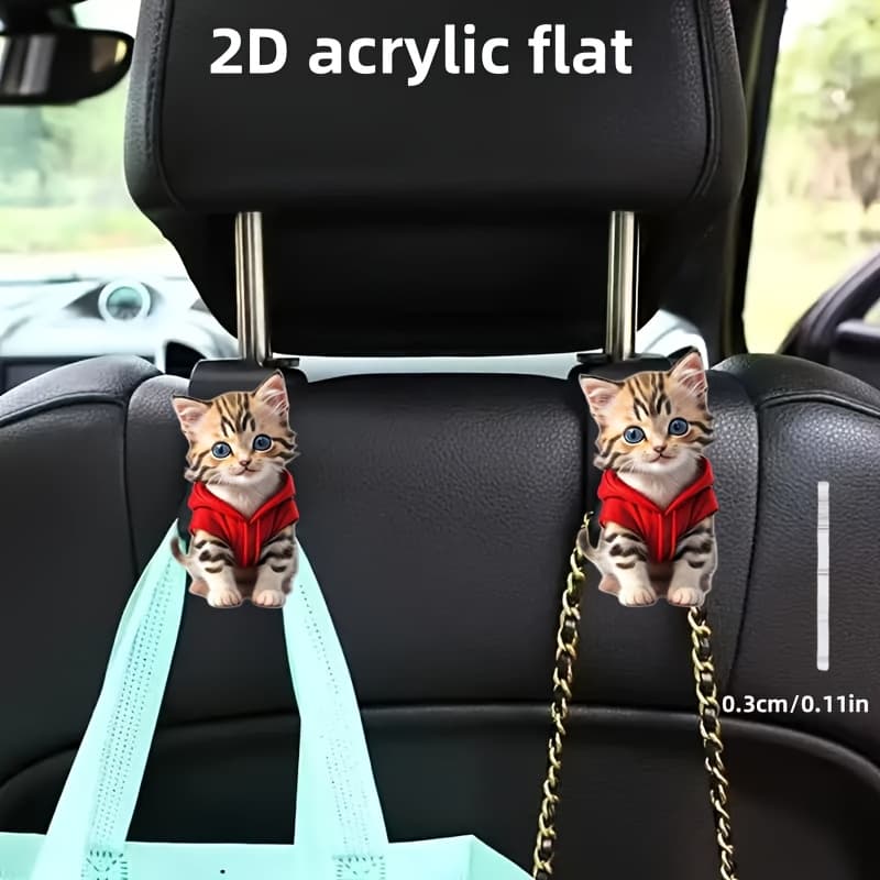 TEMU 2d Flat 2pcs Cute Cat Double Car Seat Back Hook - Multi-functional And Durable Interior Accessories Suitable For All Vehicles, 2d Flat