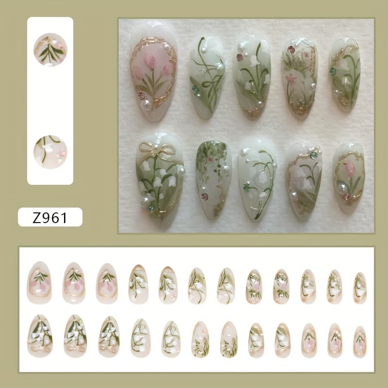 TEMU Nail Stickers Removable Nail Orchid Sweet Fake Nails 3d -like Wearable Nail Drill Style 24pcs