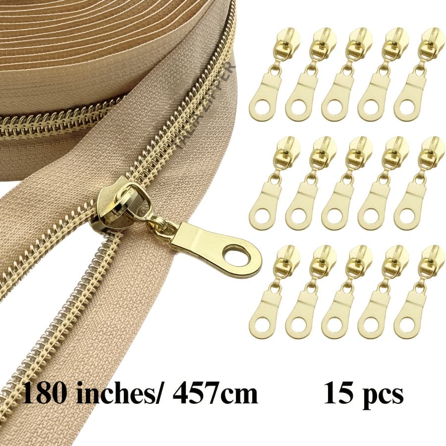 TEMU 180-inch #5 Khaki Nylon Coil Zipper With 15 Zipper Sliders, Durable, Suitable For Sewing And Crafts, In Multiple Colors