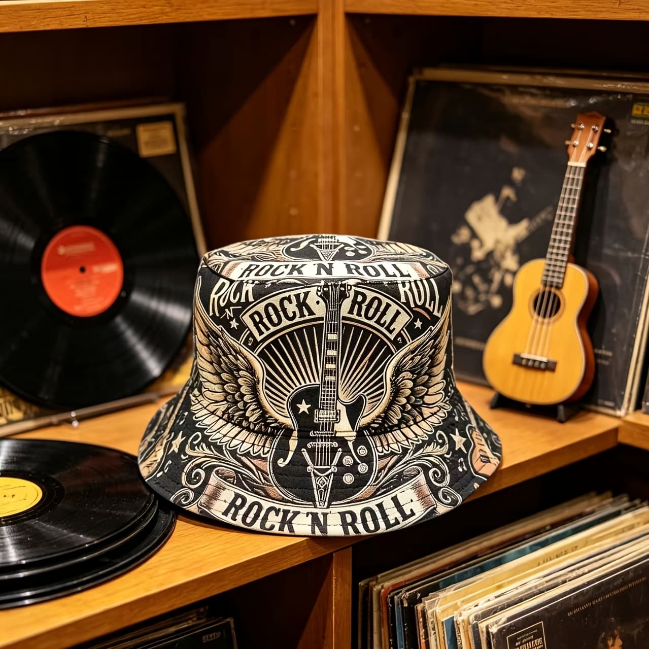 TEMU Rock And Roll Retro Guitar Pattern Fisherman Hat - Inspiration For Men And Women's Universal Street Hood, With Wings And , Durable Material, Fashionable Headwear, Must-have For Music Festivals