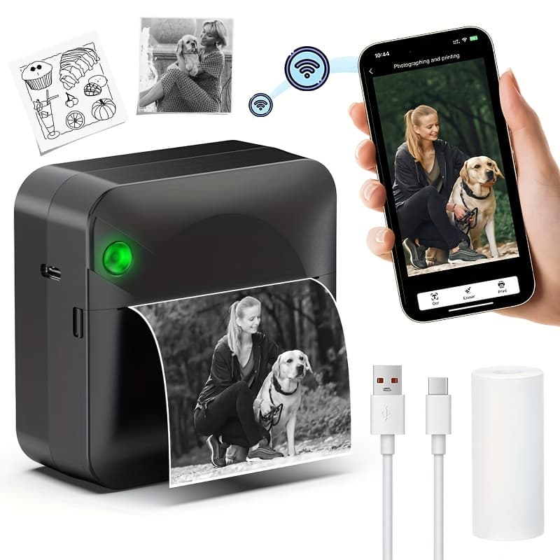 TEMU Sticker Printer Mini Thermal Printer With 1 Roll Of Thermal Paper, Wireless Pocket Printer, Intelligent Portable Receipt Printer, Suitable For Photos, Diaries, Notes, And