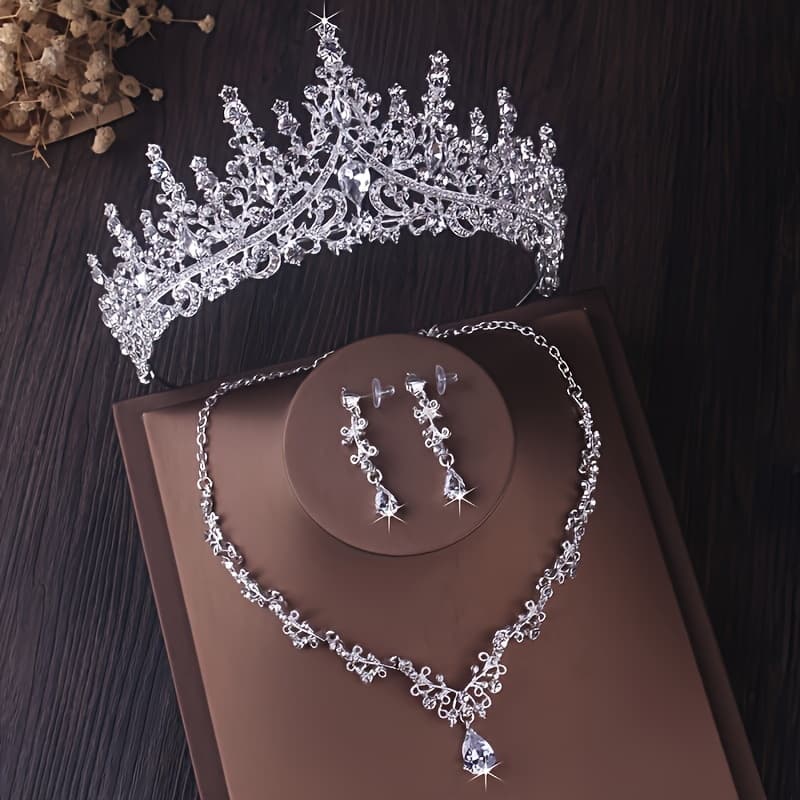 TEMU Wedding Dress Accessories, Wedding Crown Necklace, Earring Set, High-end And Wedding Accessories, Banquet, Stage Performance, Birthday Party, Crown Necklace, Earring Set, 3 Piece Set
