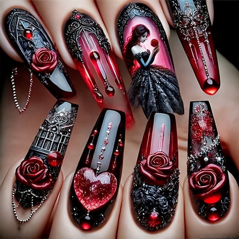 TEMU 24pcs Of Red And Black Gothic Style, Featuring 3d Roses + Heart-shaped Rhinestones + Hand-painted , A Full Castle Atmosphere. Nails Enhance The