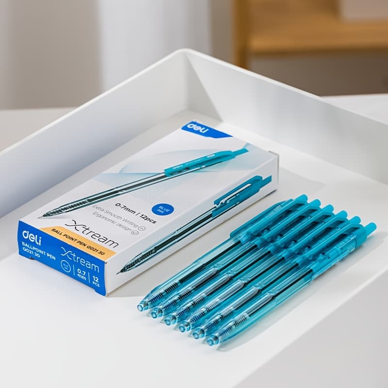 TEMU 12pcs/1box Deli Ball Point Pen. Mini Tip 0.7mm&retractable Design. Smooth Writing For School And Office, Hard To Leak Ink.