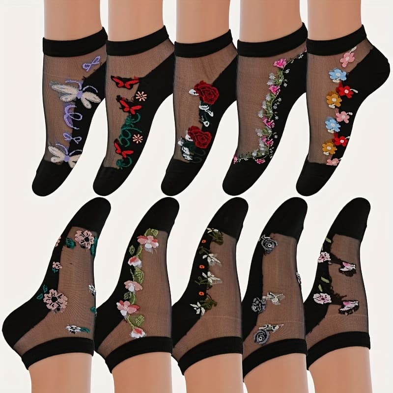 TEMU 10-pair Women's Fashion Short Socks For Spring, Summer, And Autumn, Black Glass Jacquard Short Socks, Lightweight, Comfortable, Breathable, And Non-slip
