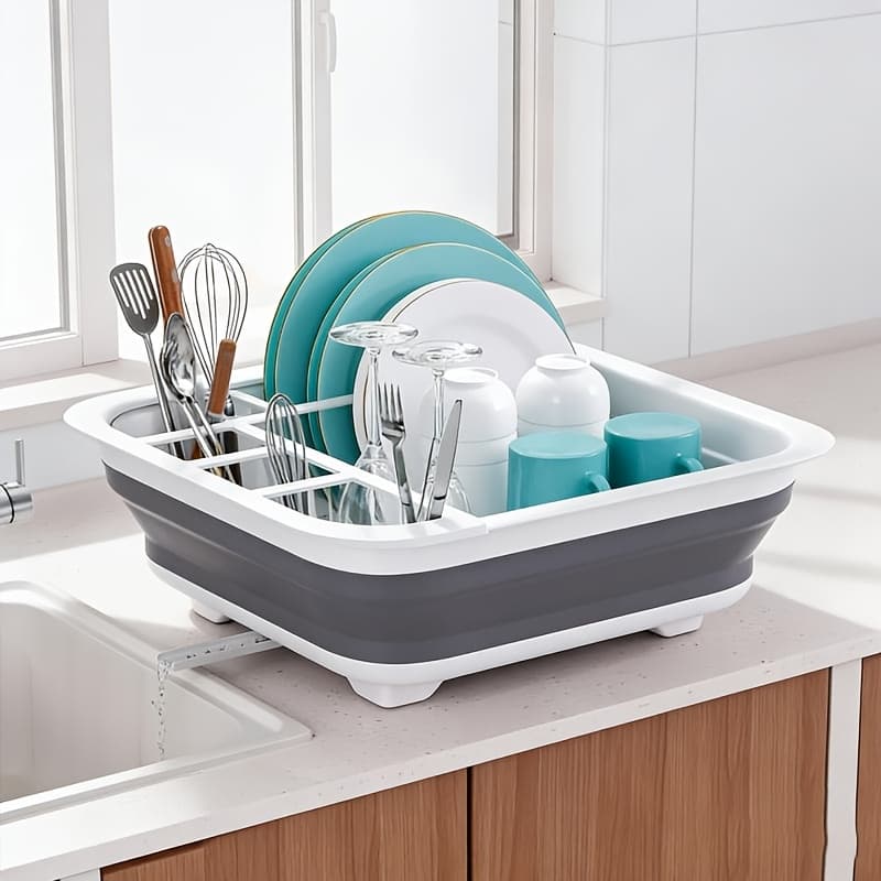 TEMU Foldable Bowl And Tray Drain Rack With Cutlery Storage Space, Saving Space Suitable For Home, Rv, Camping -1 Plastic Travel Trailer And Rv Specific Tray Rack