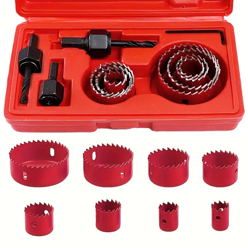 TEMU 8pcs Kit, Kit, Including 8 In Sizes From 3/ 4" To 2-1/ 2" (19mm To 64mm), Including Saw Handle And Hex Wrench, Suitable For Drilling Cork, Pvc Board And Plastic Board, Red And Black