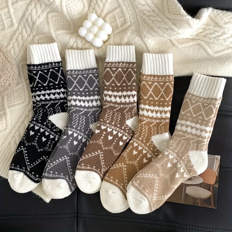 TEMU 5-pack Women's Thermal Winter Socks - Warm Mid-calf Fluffy Cold Weather Socks With Ethnic Rhombus Pattern, Fabric Suitable For Outdoor,, Commuting - Options ( Base)