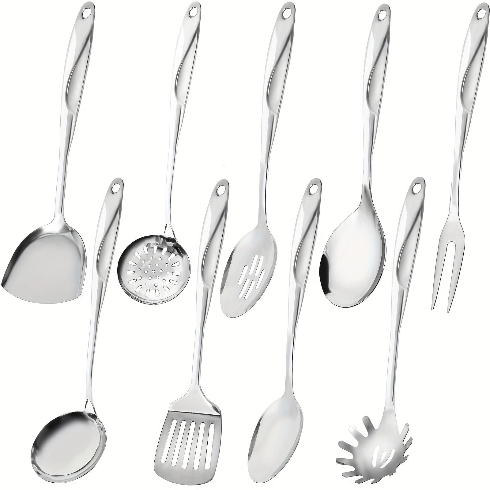 TEMU 9pcs Metal Cooking Utensils, Stainless Steel Kitchen Utensils Set Spatula Spoons Fork Pasta Server For Home Kitchen Restaurant Cooking, Suitable For Christmas Gift