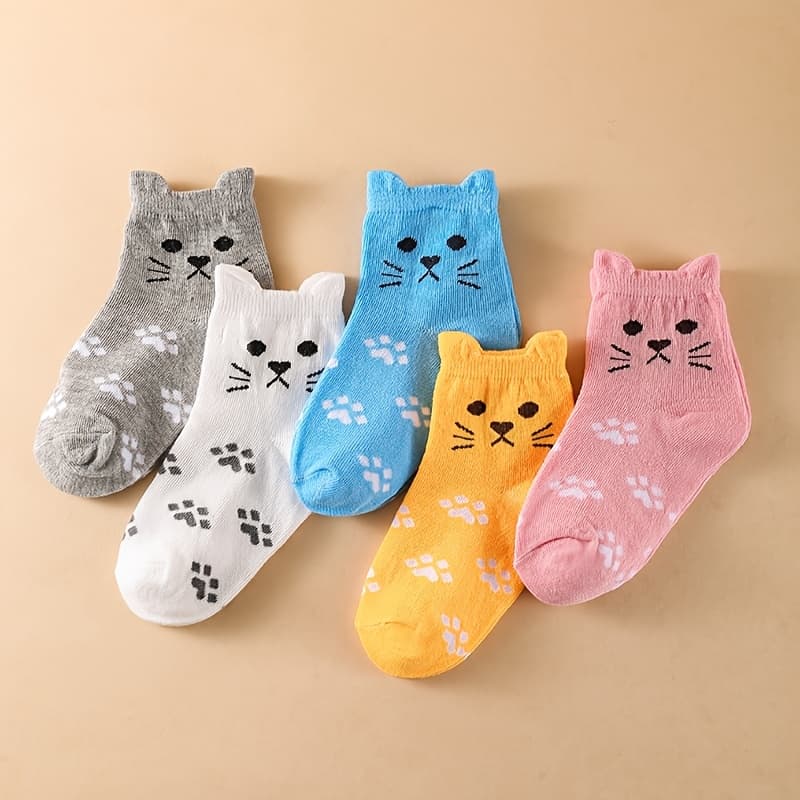 TEMU 5-pair Girls' Kitten Socks With Cute Cat Paws & Tabby Patterns - Soft - Footwear Suitable For, , Casual Attire - Hand Washable Booties