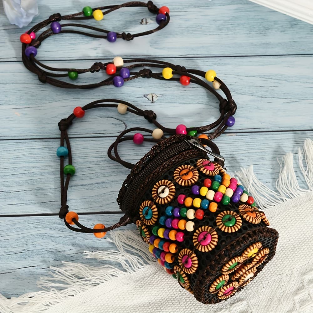 TEMU 1pc Trendy Multicolor Coin Purse Body Bag Ethnic Style Coconut Shell Small Bag Suitable For Women' Outing Wear