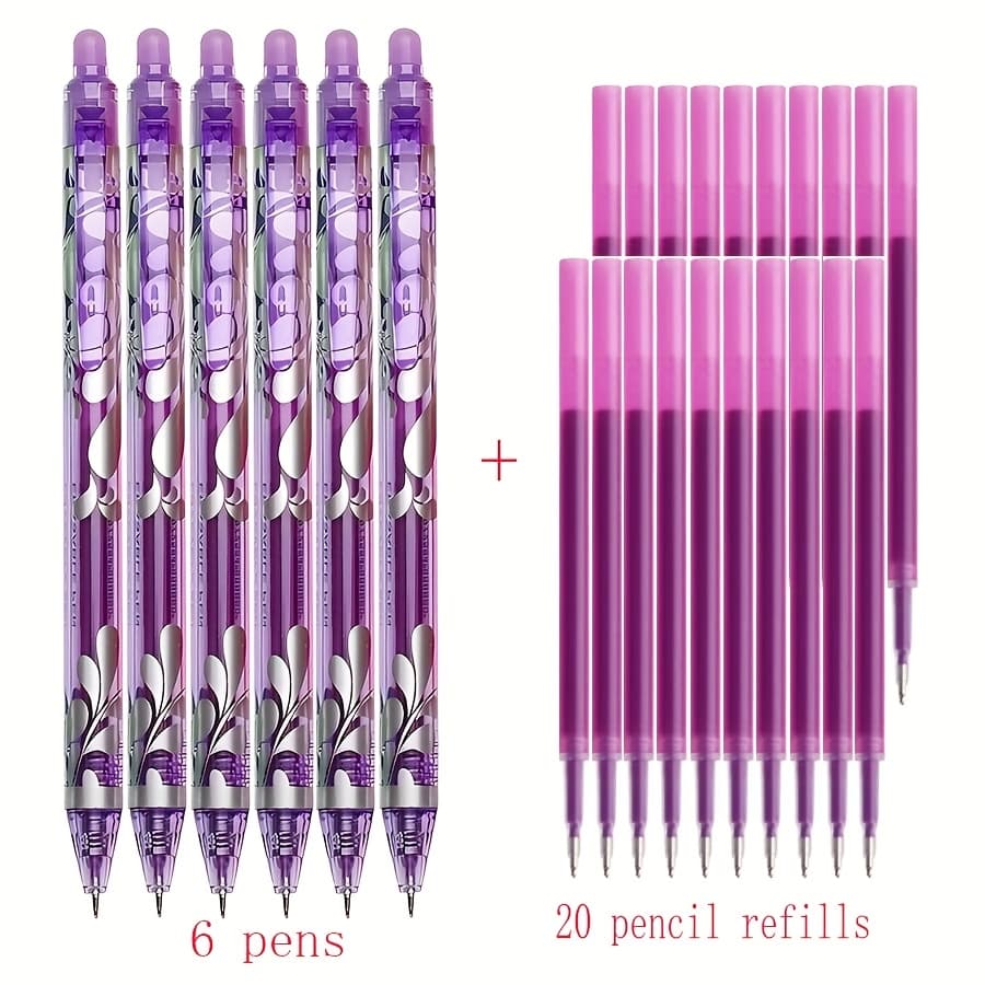 TEMU 26pcs Gel Pen Set, High-capacity Erasable Pens, 6- Pens, 0.5mm Transparent Colored Pens, Office Stationery, Daily Writing Supplies (6 Pens + 20 Refills