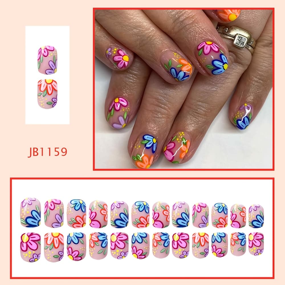TEMU 24pcs Short Square Pink Spring Flower Nail Tips, Wearable And Removable Fake Nails