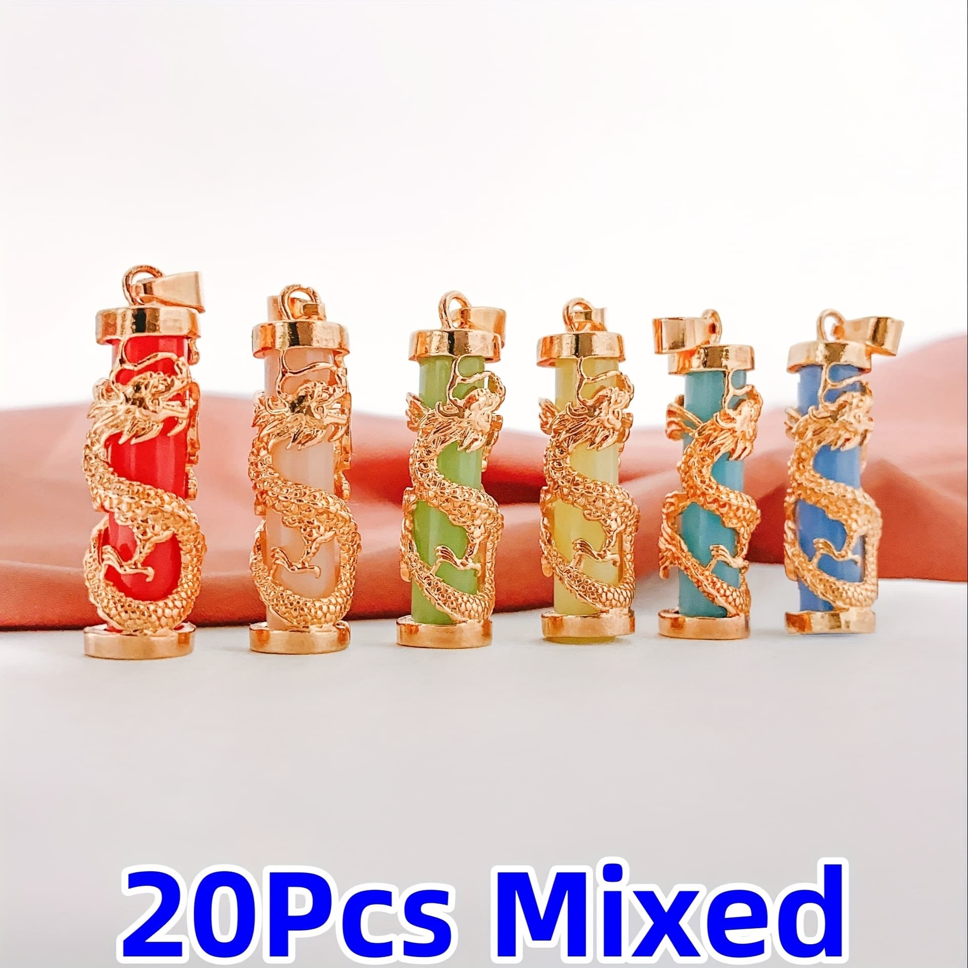 TEMU 20pcs Trendy Mixed Luminous Stone Alloy Dragon Column Pendant Set - Perfect For Necklaces & Bracelets Jewelry Making, Daily Wear Holiday Parties, Gift For