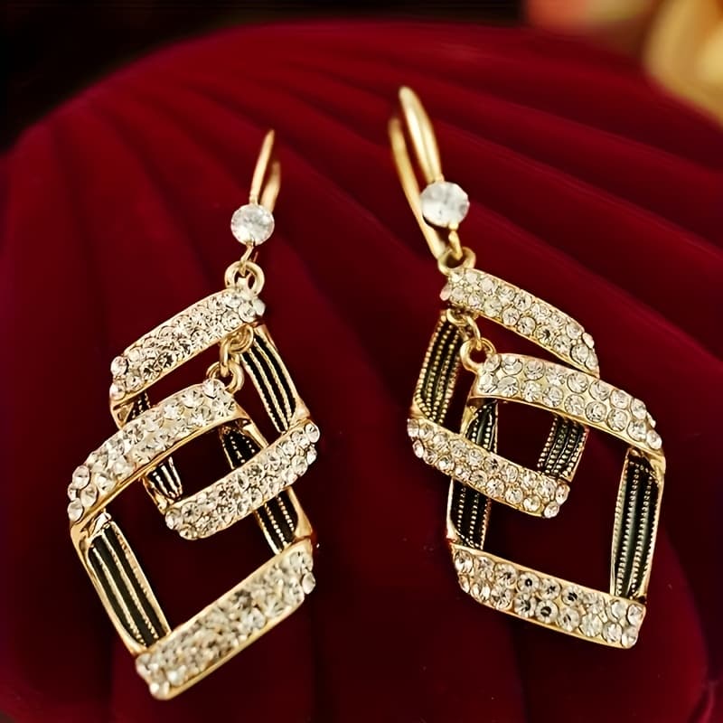 TEMU 1-pair Women's Elegant Luxury - Plated Geometric Square Dangle Earrings - Multi-layered Staggered Drop Pendant, Sparkling For Daily Wear, Weddings, Parties Suitable For Weddings, Banquets &