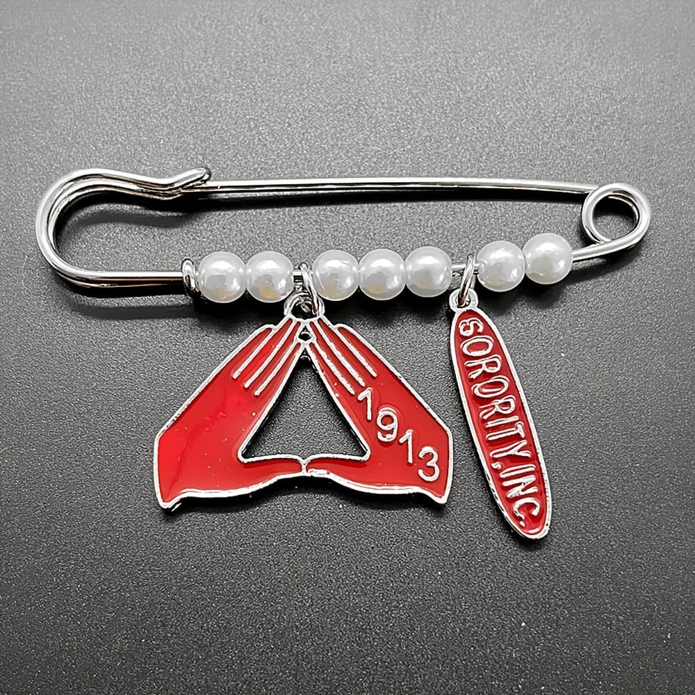 TEMU Red Greek Sorority 1913 Letter Enamelled Metal Pendant Simulated Pearl Brooch Pin